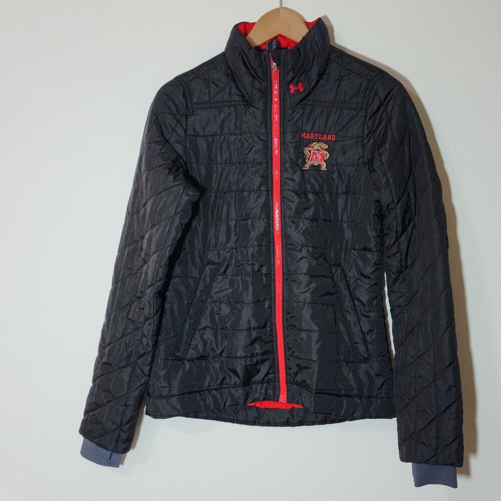 Under Armour Maryland Terps Womens Black Quilted Jacket Red Zip No Hood SM Small